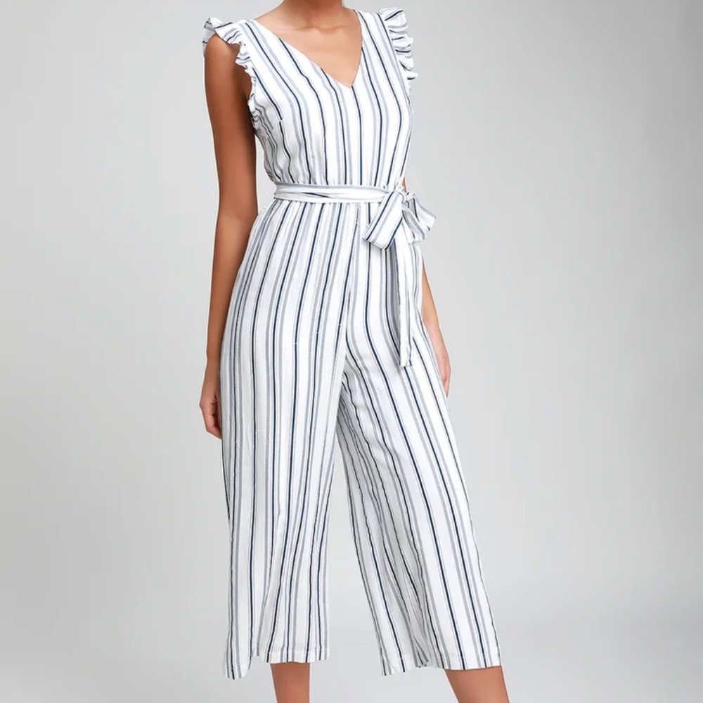 Lulus Cape Cod Cutie Navy Blue and White Jumpsuit